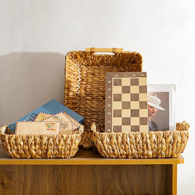 Mowtanco Woven Storage Baskets – Set of 3 Handwoven Water Hyacinth Wicker Baskets with Wooden Handles for Organizing, Decorative Baskets for Laundry Room, Home Decor - Large, Medium & Small