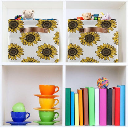 Foldable Storage Baskets Set of 2, Meadow Sunflower Storage Bins with Handles, Decorative Cloth Organizer Storage Boxes for Home|Office 15 x 11 x 9.5 in