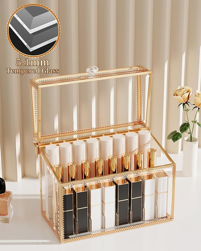 Youdepot Lipstick Organizer Holder - 24 Spaces, Tempered Glass Lip Gloss and Perfume Organizer,Vanity Lipstick Holder and Organizer.