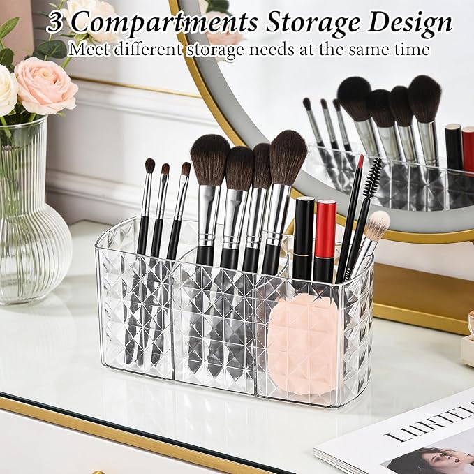 2 Pcs Makeup Brush Holder for Vanity Acrylic Makeup Brush Organizer 3 Compartment Cosmetic Organizer Clear Vanity Organizers for Brushes Pencils Pens Bathroom Living Room Desk