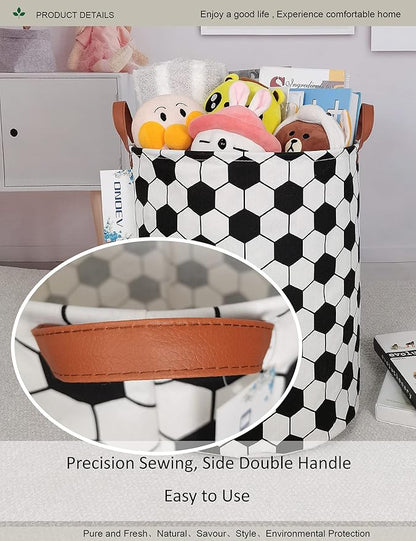 Round Soccer Ball Laundry Basket,Collapsible Laundry Hamper for Boys,Classic Football Print Storage Bin,Waterproof Toy Storage for Kids Room,Nursery,Playroom,New Parent Gift(Hexagon Football)