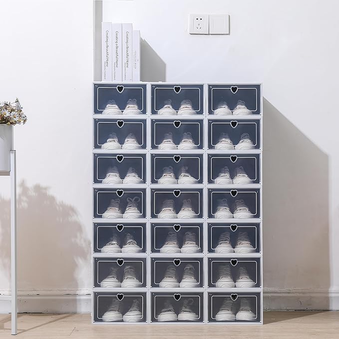 24 Pack Stackable Shoe Boxes with Clear Flip Lids - Foldable Shoe Storage Organizer for Closet Cabinet, Avocado Green/Black Options for Sneakers Flats Home Organization (Black)