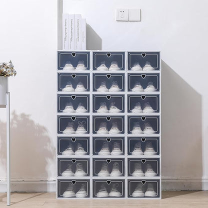 24 Pack Stackable Shoe Boxes with Clear Flip Lids - Foldable Shoe Storage Organizer for Closet Cabinet, Avocado Green/Black Options for Sneakers Flats Home Organization (Black)