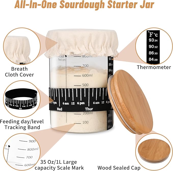 Xileanalee Pro Sourdough Starter Jar Kit- 35 Oz Large Sourdough Starter Glass Jar with Date Marked Feeding Band,Thermometer,Spatula,Cloth Cover& Lid for Sour Dough Bread Loaf