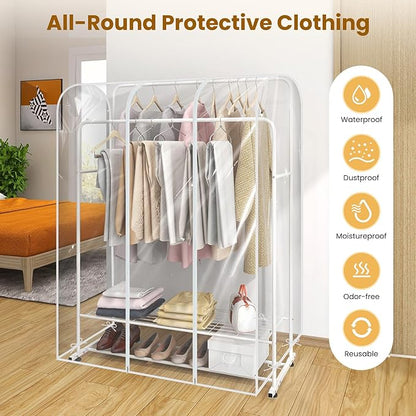 Garment Rack Cover waterproof ransparent Clothes Rack Cover, PEVA Dustproof Wardrobe Hanging Protector Rack Organizer with 2 Smooth Zipper (60 * 20 * 43.3inch)