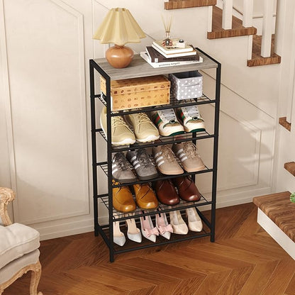 HOMEFORT 6 Tiers Shoe Rack Organizer,23" Shoe Storage Shelf for Closet, Shoe Rack for Entryway, Each Tier Fits 3 Pairs, Shoe Stand with Metal Shelves and MDF Top Board, Washed Gray