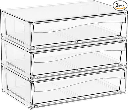 Yieach 12"W Clear Stackable Storage Drawers,3 Pack Pull Out Acrylic Drawers Organizer for Desk,Vanity,Bathroom,Plastic Office Supply Organizers And Storage Bins for Pen,Pencil,Craft,Sunglass,Medicine