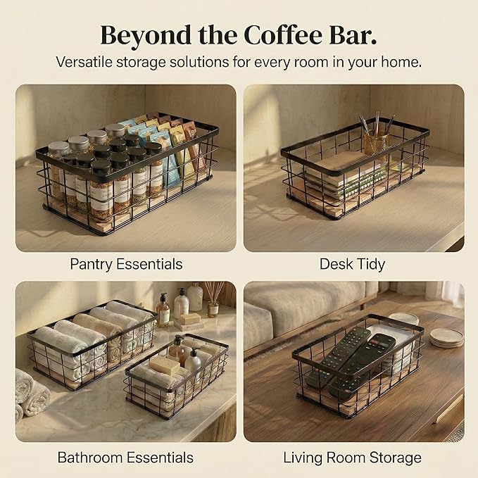 2-Pack Coffee Pod Holder Basket with Wood Base - Modern Rustic Coffee Pods Organizer for Coffee Station & Bar, High-Capacity Wire Capsule Storage for Kitchen Countertop Office