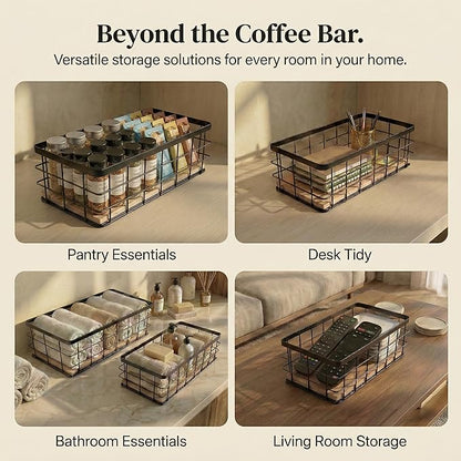 2-Pack Coffee Pod Holder Basket with Wood Base - Modern Rustic Coffee Pods Organizer for Coffee Station & Bar, High-Capacity Wire Capsule Storage for Kitchen Countertop Office