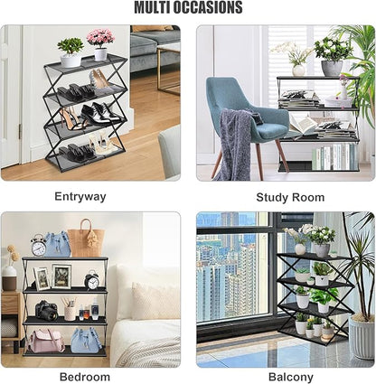 Shoe Rack for Entryway 4 Tier Foldable Shoe Rack Without Assembly Collapsible Metal Shoe Organizer Folding Shoe Storage Rack for Door, Living Room, Black