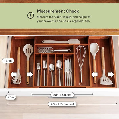 KitchenEdge Premium Silverware, Flatware and Utensil Organizer for Kitchen Drawers, Food-Safe Contract Grade, Expandable from 16 to 28 In, Natural Acacia
