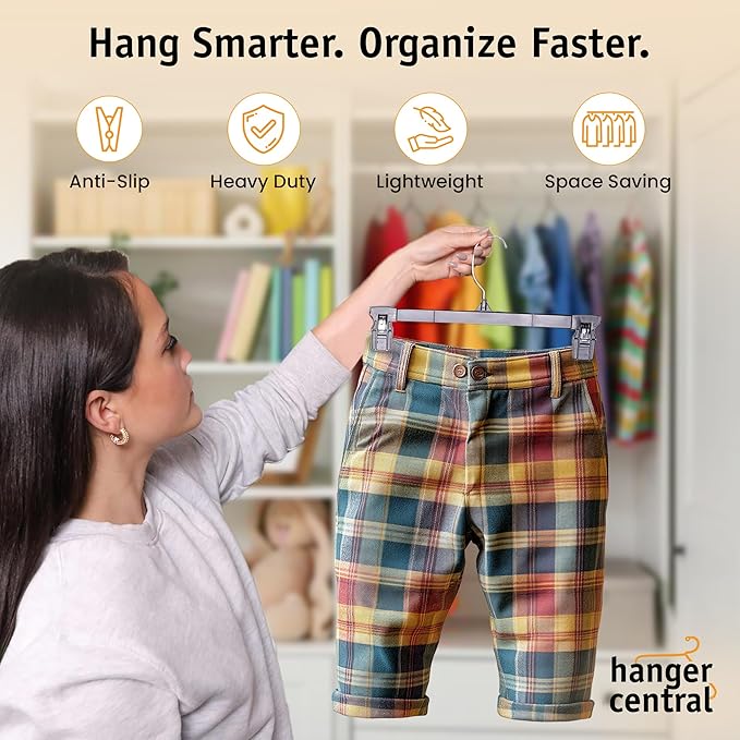 30 Pack Pants Hangers Slim Plastic Clothes Hangers with Clips for Skirts, Shorts & Trousers – Non Slip Grip, Heavy Duty Space Saver with Swivel Hook – Black Closet Organizer - 10 Inch