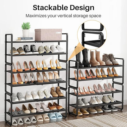 SNTD Shoe Rack - Expandable Shoe Organizer for Closet, Adjustable Metal Shoe Shelf Storage, Stackable Long Shoe Stand Holder for Garage, Entryway, Door Entrance (Black, 4-Tier)