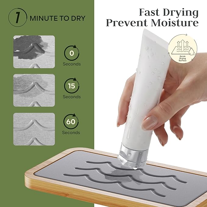 Water Absorbing Stone Tray for Sink, Kitchen Sink Caddy Organizer, Diatomite Bathroom Vanity Counter Tray, Soap Dispenser Sponge Holder, Fast Drying Stone Faucet Mat with Bamboo Tray