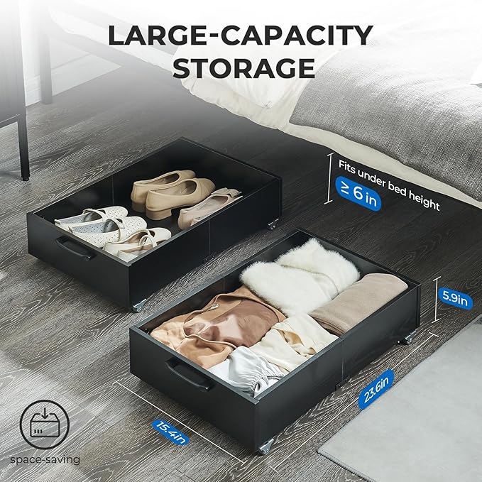 TIOPGHAD Under Bed Storage with Wheels, 2-Pack Under Bed Shoe Storage Organizer Drawer, Composite Wood Organizer for Shoes Clothes Containers in Bedroom for Clothes,Shoes(Black)