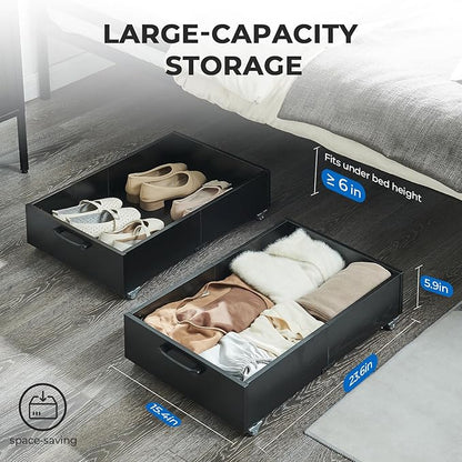 TIOPGHAD Under Bed Storage with Wheels, 2-Pack Under Bed Shoe Storage Organizer Drawer, Composite Wood Organizer for Shoes Clothes Containers in Bedroom for Clothes,Shoes(Black)