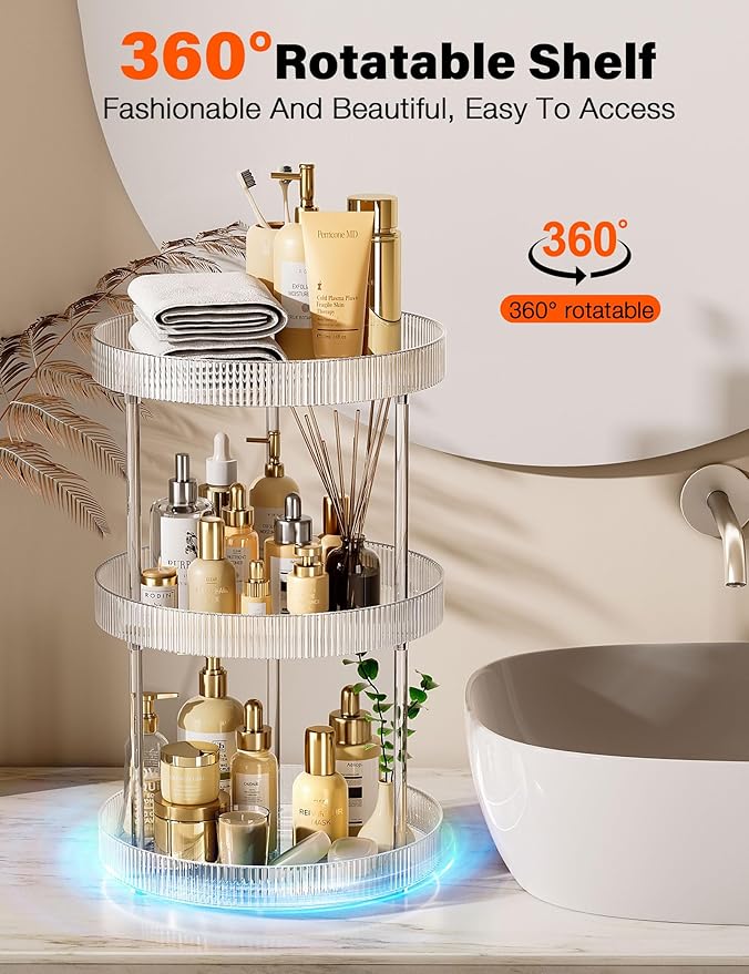 3-Tier Lazy Susan Bathroom Countertop Organizer, 360° Clear Rotating Storage Tray, Cosmetics and Perfume Organizer, Spinning Storage Tray Vanity Organizer Shelf for Bathroom Cabinet, Kitchen(Medium)