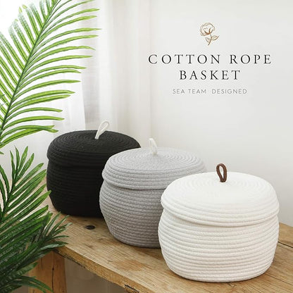 Sea Team Round Cotton Rope Storage Basket with Lid, Decorative Woven Storage Bin, Pot, Caddy, Organizer, Container for Snacks, Towels, Plants (White, Small/2-Pack)