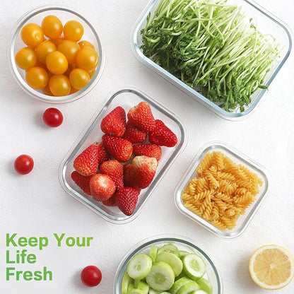 HOMBERKING Glass Food Storage Containers with Lids, [18 Piece] Meal Prep Containers, Airtight Lunch Bento Boxes (9 lids & 9 Containers) - White