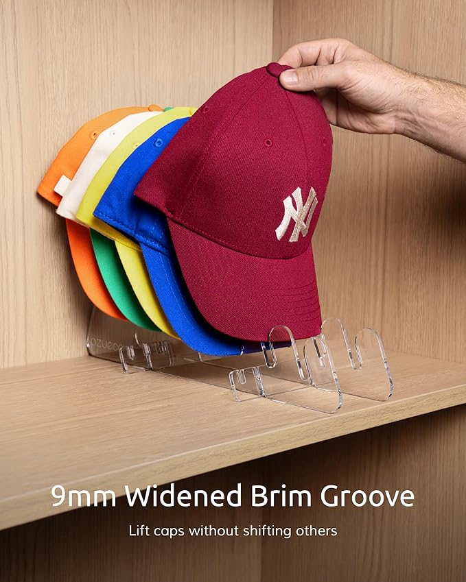 Ozueccr Baseball Hat Stand for Tabletop - 3 Pack, Adjustable Width, Holds Up to 14 Hats, 9mm Wide Brim Groove, Rounded Edges with Footpads, Cap Organizer for Closet, Dresser, Bedroom
