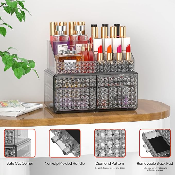 Awenia 2 Pack Stackable Makeup Organizer with Drawers[Upgraded]-Acrylic Make up Organizers and Storage Case for Cosmetics,Brush,Perfume,Jewelry Display, Vanity and Bathroom Accessories