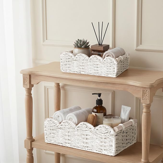 iEGrow Paper Rope Small Storage Baskets for Organizing, Set of 2 Scalloped Edge Wicker Basket with Wooden Handles Toilet Paper Basket for Over Toilet Storage Shelf, Home Decor, Living Room (White)