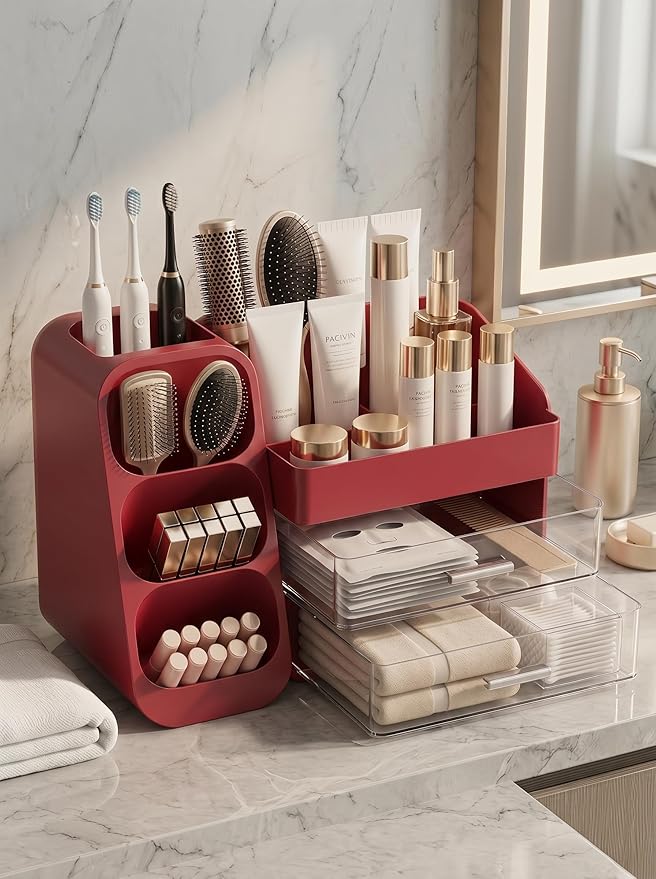 Booklov Makeup Organizer for Vanity, Large Capacity Cosmetic Display Case with Clear Acrylic Drawers, Countertop Beauty Storage Holder for Skincare, Brush Eyeshadow Lipstick, Counter Desk, Crystal Red