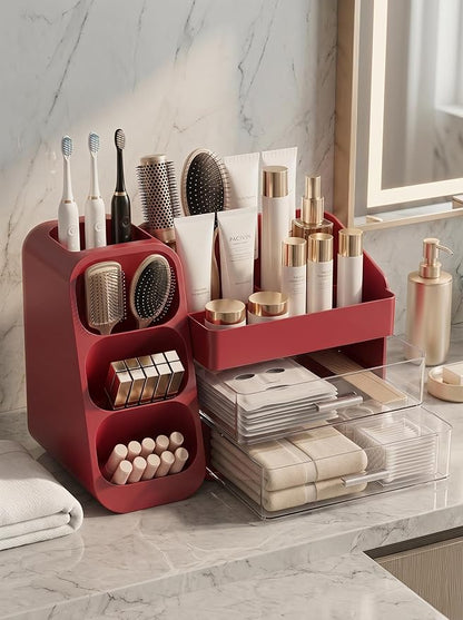 Booklov Makeup Organizer for Vanity, Large Capacity Cosmetic Display Case with Clear Acrylic Drawers, Countertop Beauty Storage Holder for Skincare, Brush Eyeshadow Lipstick, Counter Desk, Crystal Red