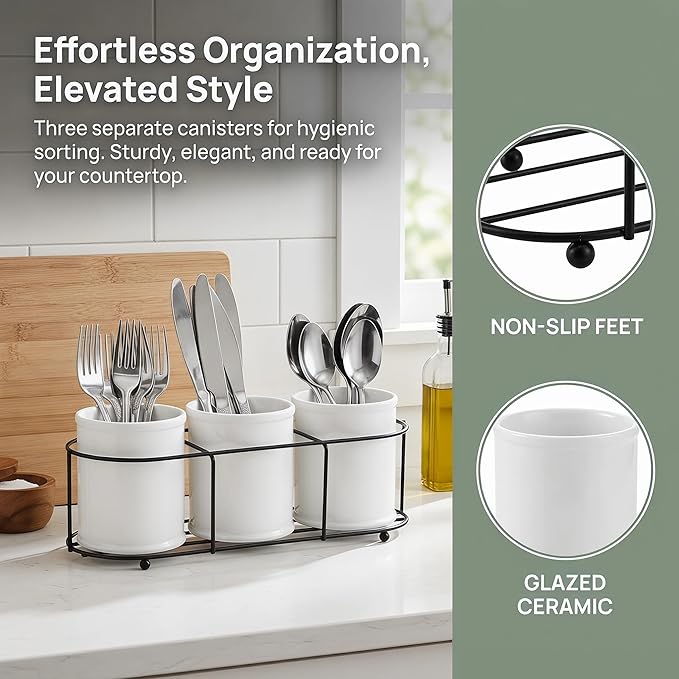 Bekith 3-Piece Ceramic Silverware Caddy with Metal Rack, Utensil Holder Flatware Caddy Cutlery Storage Organizer for Kitchen Table, Cabinet or Pantry