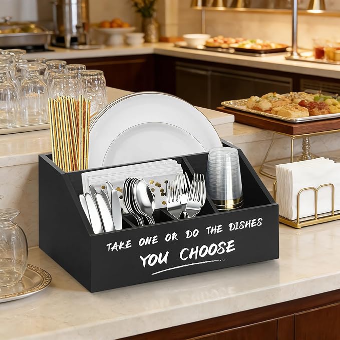 Paper Plate Dispenser, Wood Paper Plate Holders for Kitchen Counter, Rustic Silverware Utensil Organizer for Party, Utensil Caddy for Cups Spoons Forks Plates Napkins, Accessories for Camping Buffet
