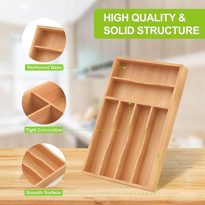Unibambou Bamboo Utensil Drawer Organizer with Removable Dividers, Kitchen Organizer for Flatware Cutlery, Silverware Tray for Drawer (6/5 Flexible Slots, Natural)