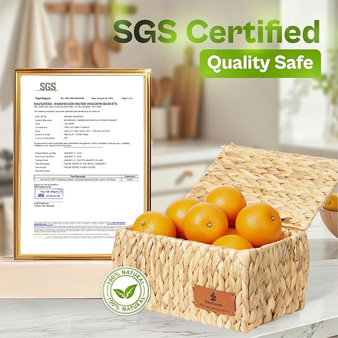 Storage Baskets with Lids, Set of 3 Wicker Baskets with Lids, Water Hyacinth Storage Basket with Lid, Decorative Woven Storage Baskets for Closet, Shelf & Home Organization