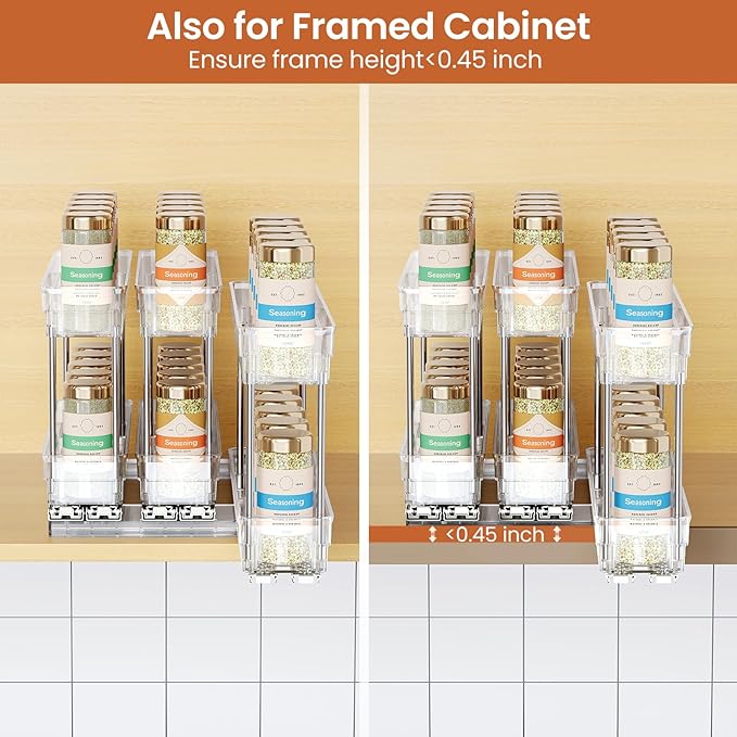 Mystozer Pull Out Spice Rack Organizer for Cabinet, Slide Out Spice Racks Organizer, Easy to Install Spice Cabinet Organizers, 2.3''Wx10.66''Dx8.11''H, 3 Packs-2 Tiers(Clear)