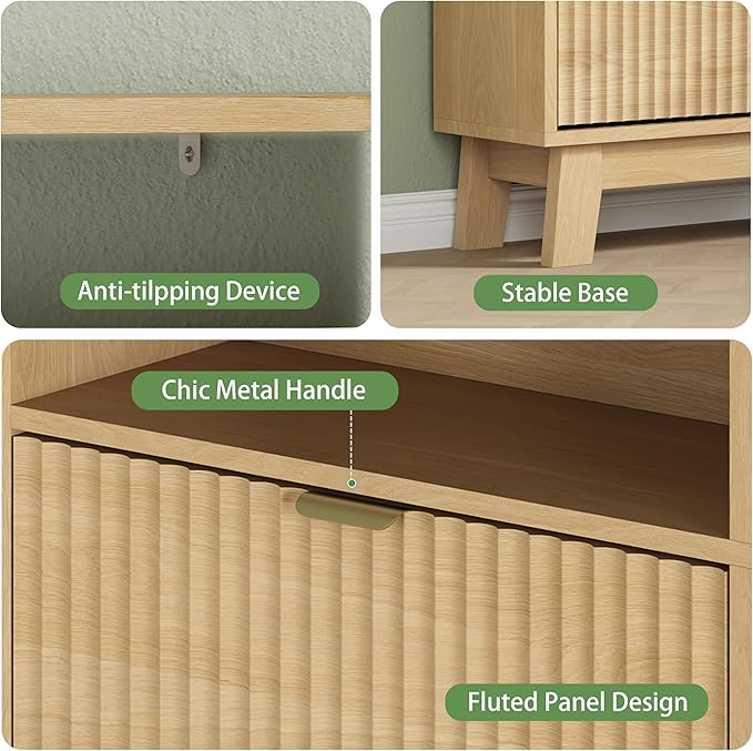 Xixini Shoe Cabinet with 3 Flip Drawers, 54" Tall Narrow Fluted Shoe Storage Organizer for Entryway, Hidden Wooden Shoe Rack with Adjustable Side Cabinet for Front Door Entrance, Hallway, Natural Oak