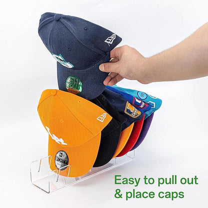 Hat Organizer for Baseball Caps, No Install Acrylic Hat Rack & Holder, 2-Pack Clear Storage Stand Holds 14 Hats for Closet, Bedroom Display