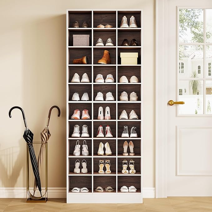 LITTLE TREE 70.9" Tall Shoe Rack, 10-Tier Freestanding Shelf, Max. Store 30 Pairs, Shoe Cabinet Organizer for Living Room, Entryway, Cloakroom, White + Brown