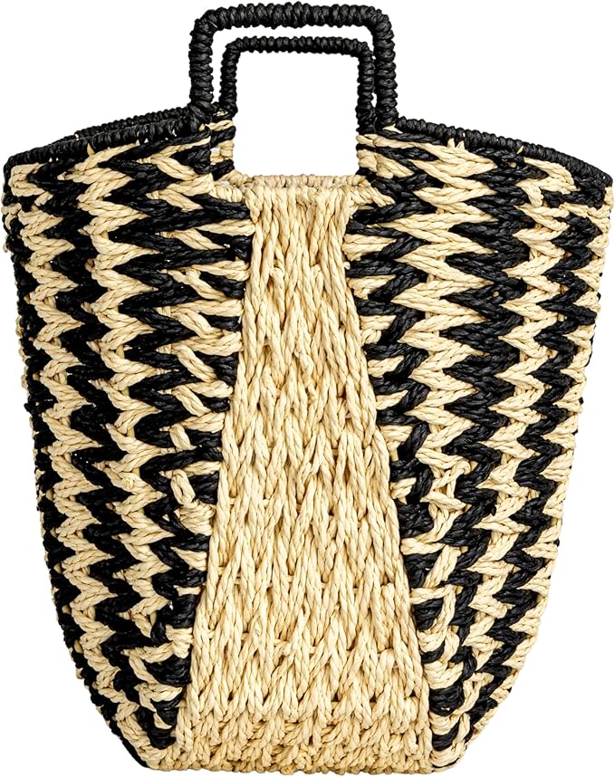 Household Essentials Zigzag Woven Paper Rope Basket, Black and Natural