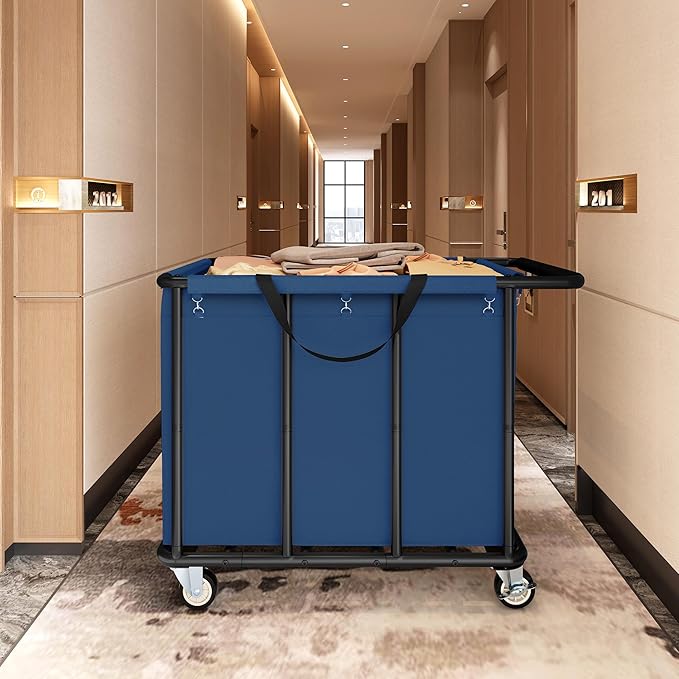 FAVOOSTY 470L Heavy Duty Commercial Laundry Cart with Wheels,Industrial Rolling Laundry Hamper, Extra Large Laundry Basket, Metal Frame for Hotel/Hospital/Home, 440lbs (Blue)