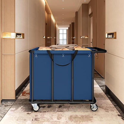 FAVOOSTY 470L Heavy Duty Commercial Laundry Cart with Wheels,Industrial Rolling Laundry Hamper, Extra Large Laundry Basket, Metal Frame for Hotel/Hospital/Home, 440lbs (Blue)