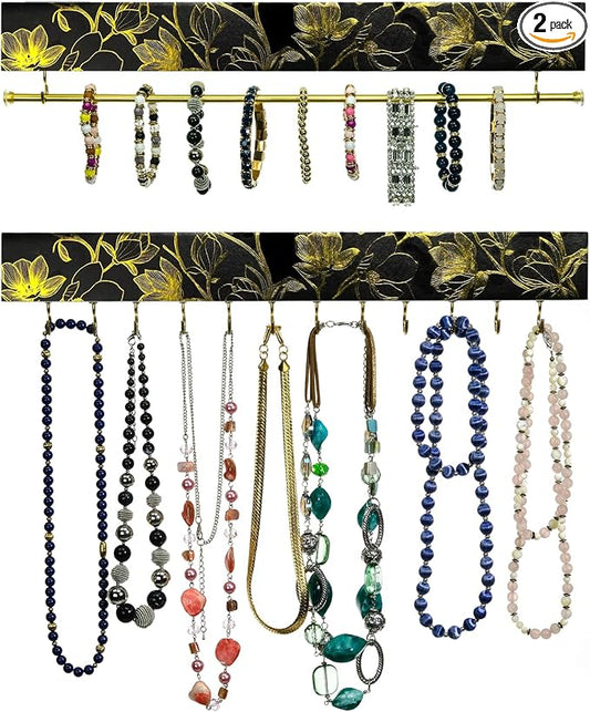 2 Piece Fashion Jewelry Holder Set (Black and Gold Floral)