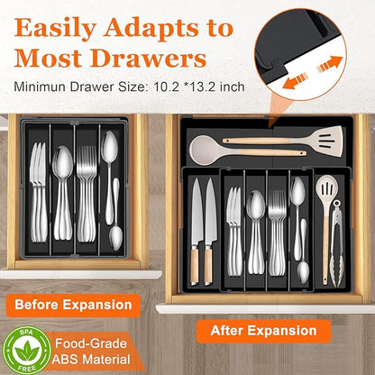 Spaclear Large Kitchen Silverware Organizer - Expandable 17.2" x 17.9" Adjustable Drawer Tray, 4-7 Compartments for Maximum Storage, BPA-Free, Black,L