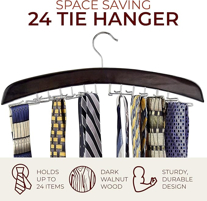 Richards Wooden Tie Rack Hanging Organizer for Mens Closet Accessories, Space Saving Necktie Holder for Storage and Display, Holds 24 Ties, Hook, Walnut Wood with Chrome Accents