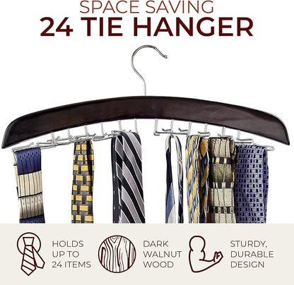 Richards Wooden Tie Rack Hanging Organizer for Mens Closet Accessories, Space Saving Necktie Holder for Storage and Display, Holds 24 Ties, Hook, Walnut Wood with Chrome Accents