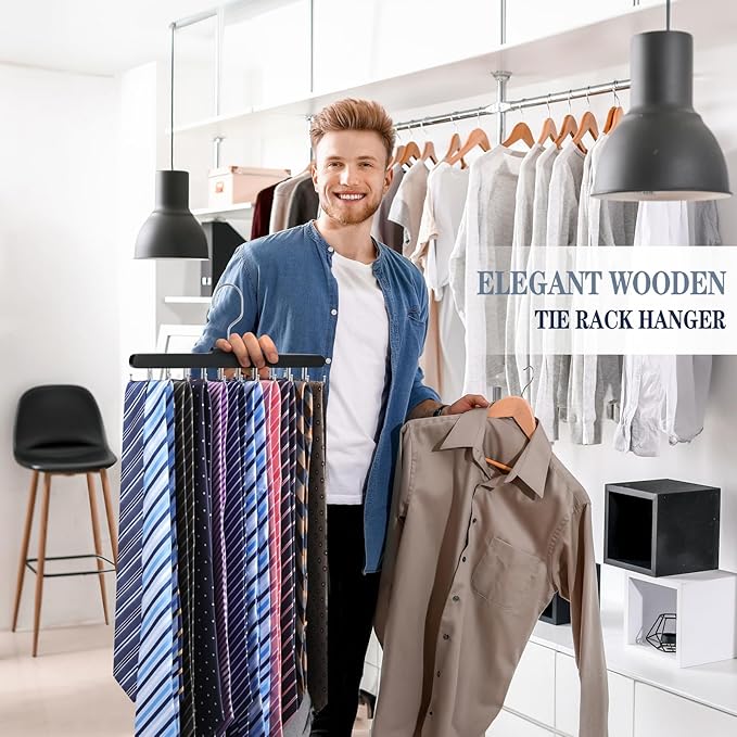 2PC Tie Rack Hanger for Closet Fitnice Upgraded Non Slip Tie Holder Organizer Space Saving with 20 Foldable Hooks Wooden Belt Hanger for Tank Tops Bras Cami Scarves,Black
