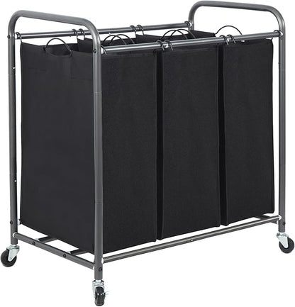 STORAGE MANIAC 3 Section Laundry Sorter, 35.9 Gal (136 L) Laundry Hamper Cart with Heavy Duty Rolling Lockable Wheels and Removable Bags, Clothes Organizer Basket Clothes Separator Hamper, Black