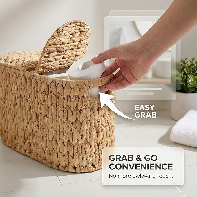 DEILSY™ Natural Water Hyacinth Toilet Paper Basket for 4 Rolls, Slim Toilet Paper Storage Basket with Built-in Handles, Wicker Toilet Paper Storage Basket with Lid for Bathroom or Powder Room