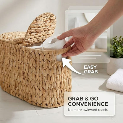 DEILSY™ Natural Water Hyacinth Toilet Paper Basket for 4 Rolls, Slim Toilet Paper Storage Basket with Built-in Handles, Wicker Toilet Paper Storage Basket with Lid for Bathroom or Powder Room