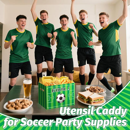 2PCS Soccer Utensil Holder Paper Utensil Caddy for Soccer Party Supplies Cutlery Holder with Handles Green Party Favors Snack Box Disposable Cutlery Caddy for Sports Themed Birthday Decorations