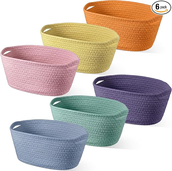 Sawysine 6 Pcs Storage Baskets Bulk for Organizing Cotton Rope Woven Basket with Handles for Gift Cloth Shelves Blanket Toys Living Room(Morandi)