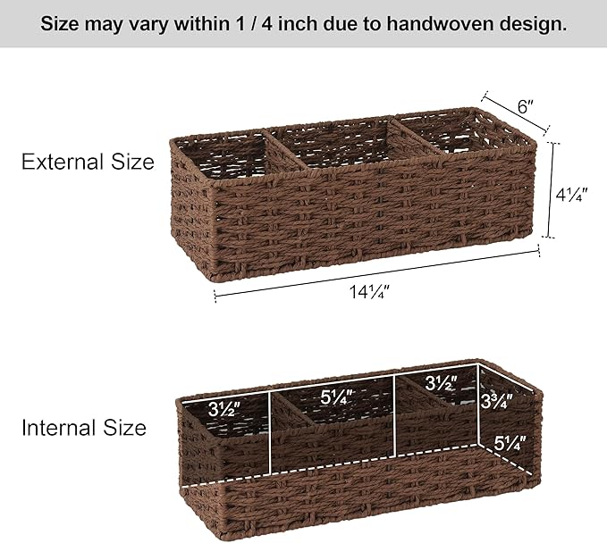 StorageWorks 3-Section Wicker Baskets for Shelves, Hand-Woven Round Paper Rope Storage Baskets, Walnut, 2-Pack